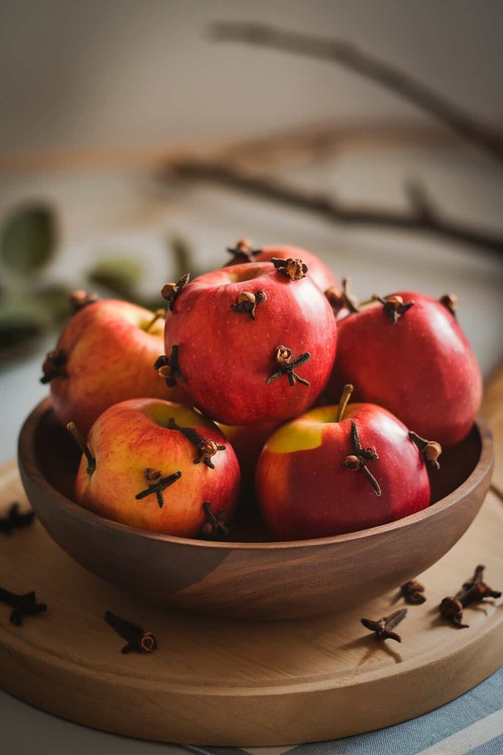 A bowl of apples adorned with cloves, creating a natural air freshener.