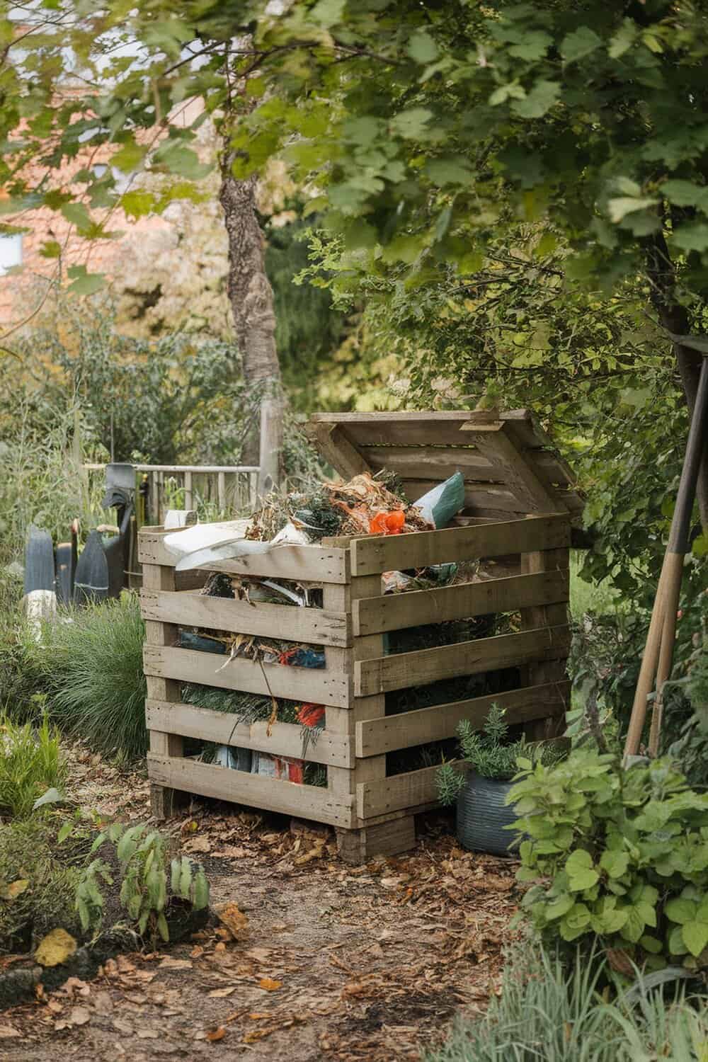 A wooden compost bin filled with organic waste, surrounded by greenery.
