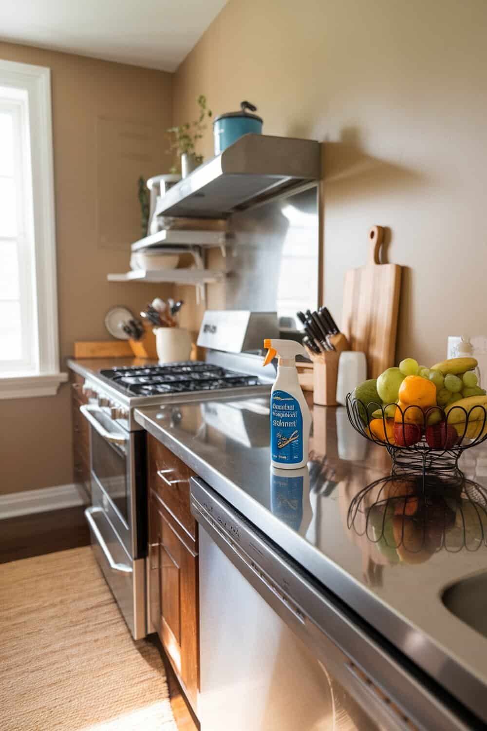 A bottle of stainless steel cleaner on a kitchen countertop next to a bowl of fruit.
