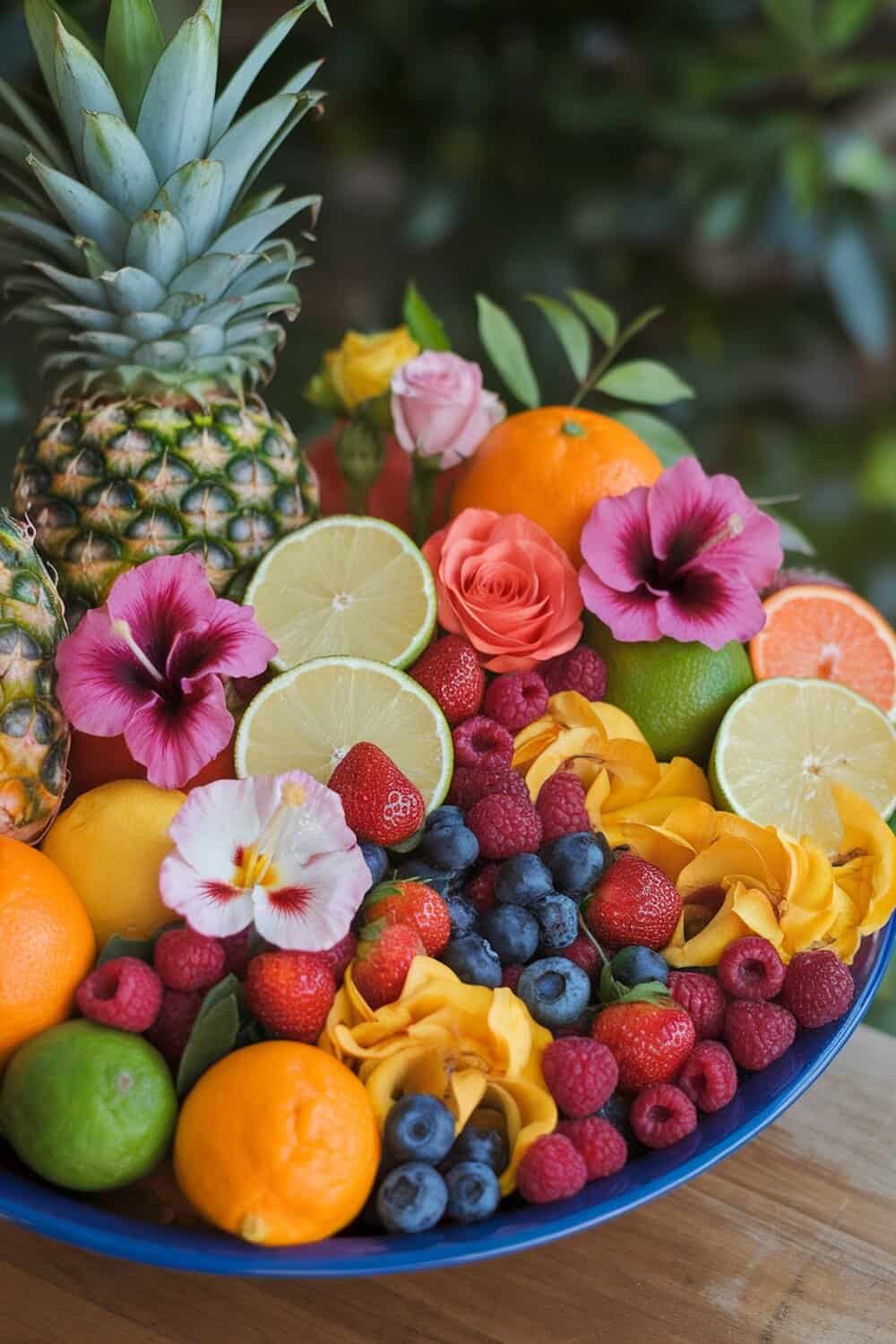 A vibrant bowl filled with tropical fruits and flowers, showcasing a colorful blend of oranges, limes, strawberries, and more.