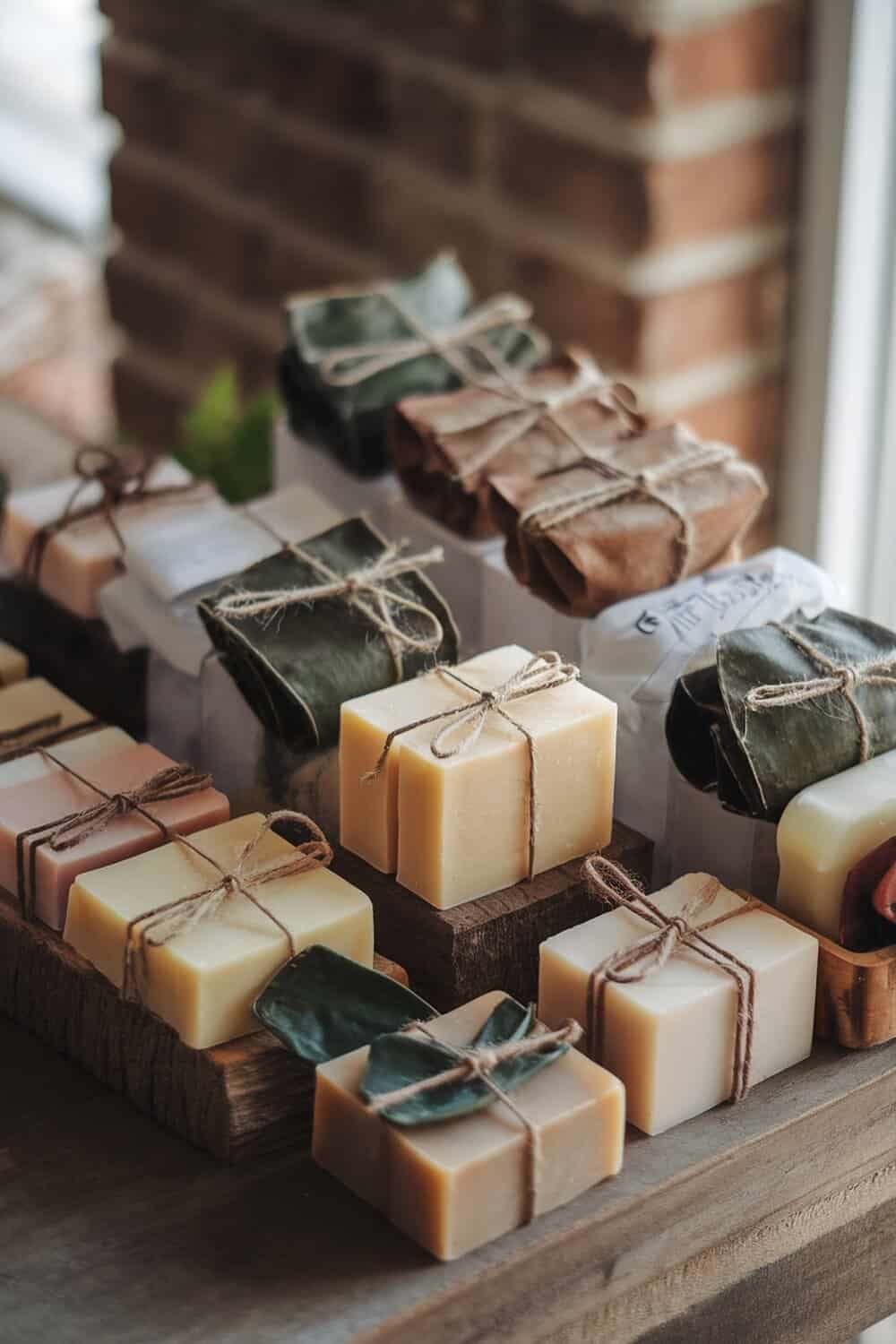 A variety of handmade soap bars wrapped in natural materials, displayed on a wooden surface.