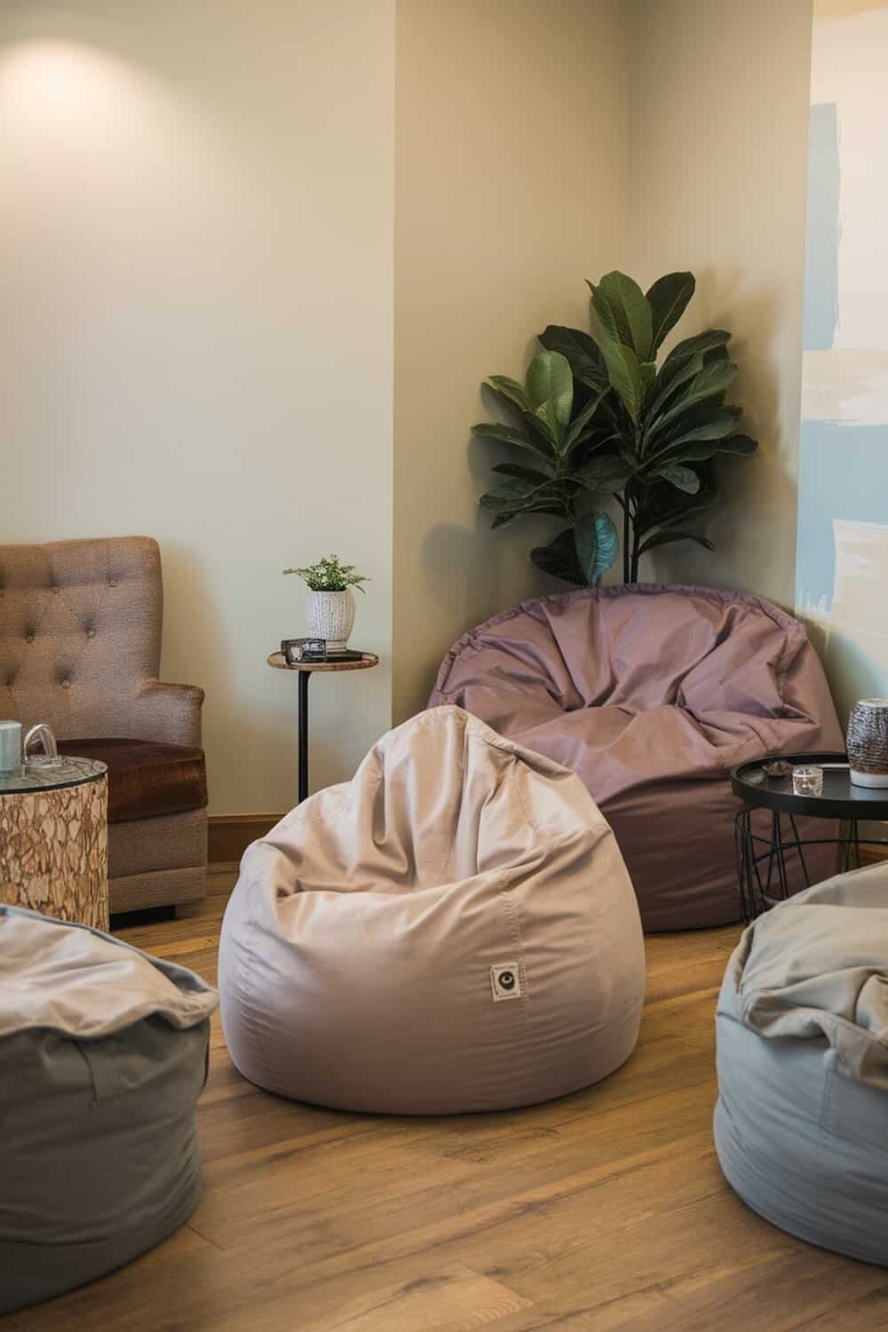 A cozy seating area featuring bean bags and an armchair, surrounded by plants and a small table.