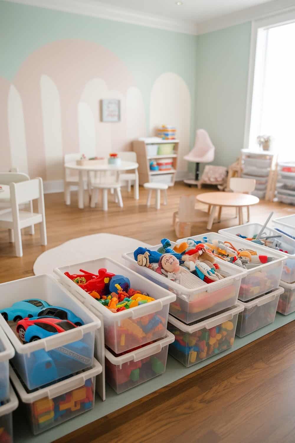 A bright playroom with organized toy bins and a cozy seating area.