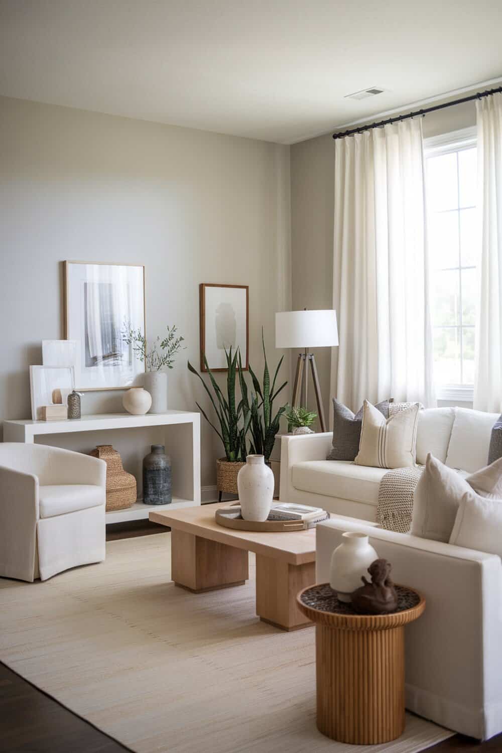 A cozy living room featuring neutral color accents with soft furnishings and decorative elements.