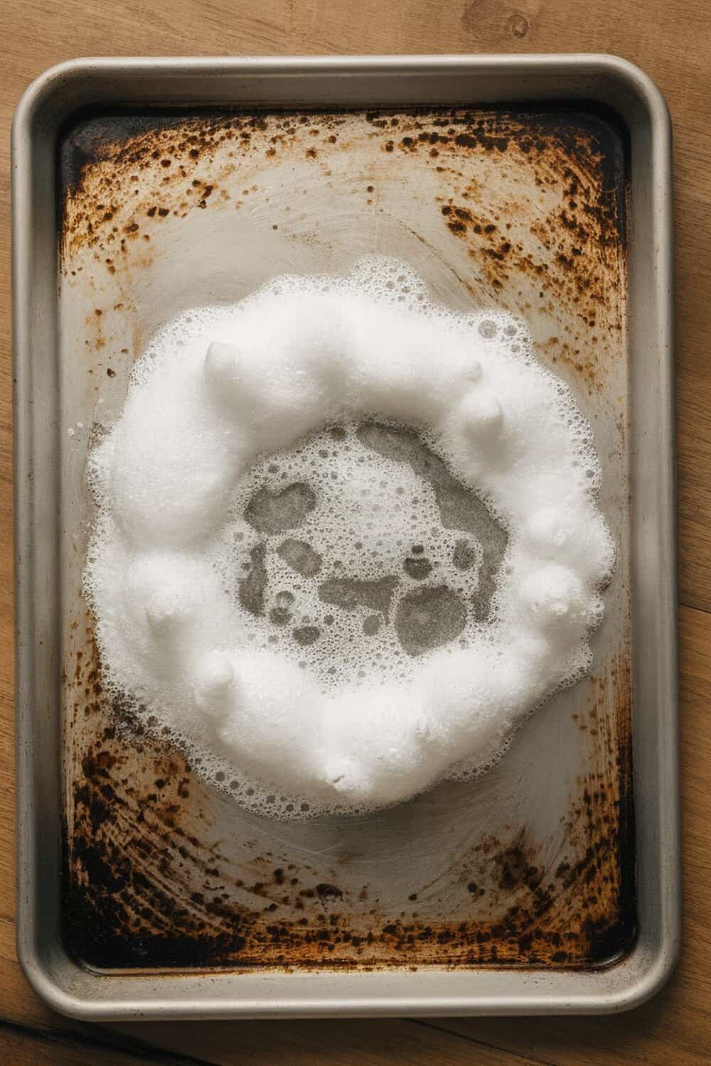 A cookie sheet with bubbling foam from a vinegar and baking soda reaction.