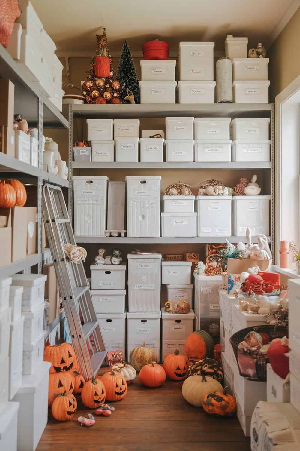 A cluttered storage area filled with seasonal decorations and labeled boxes.