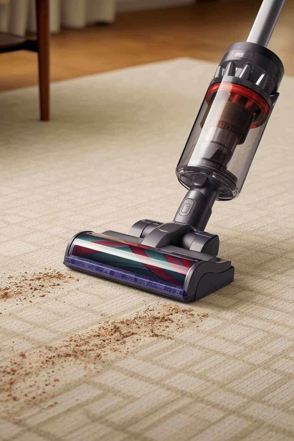 A vacuum cleaner on a carpet with dirt and crumbs on the floor.