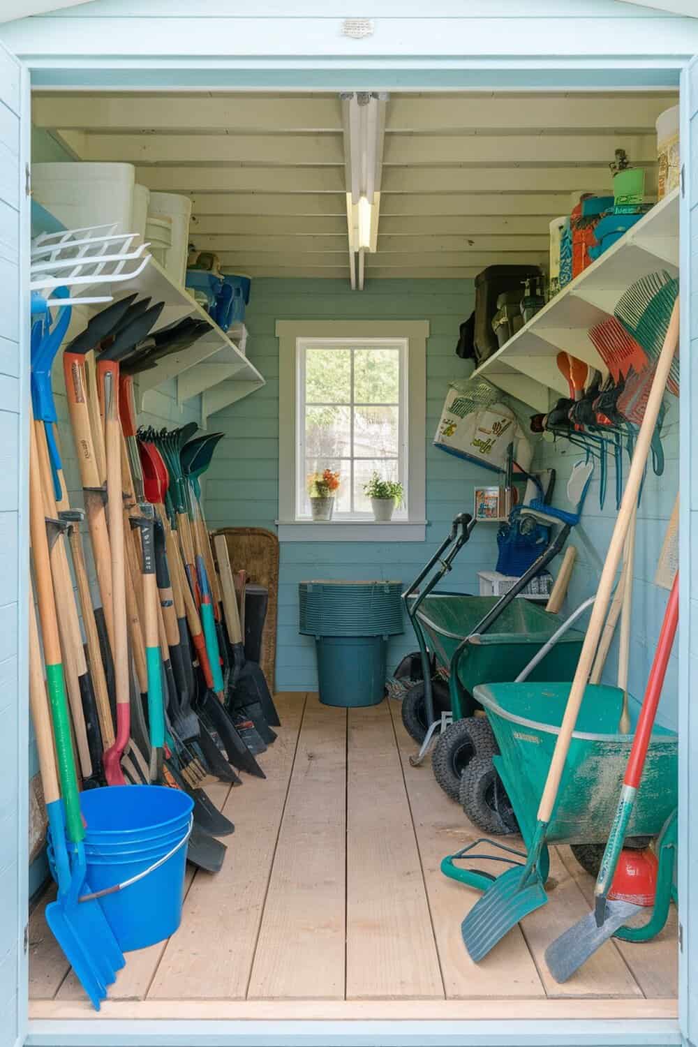 A well-organized garden shed with tools neatly arranged on shelves.