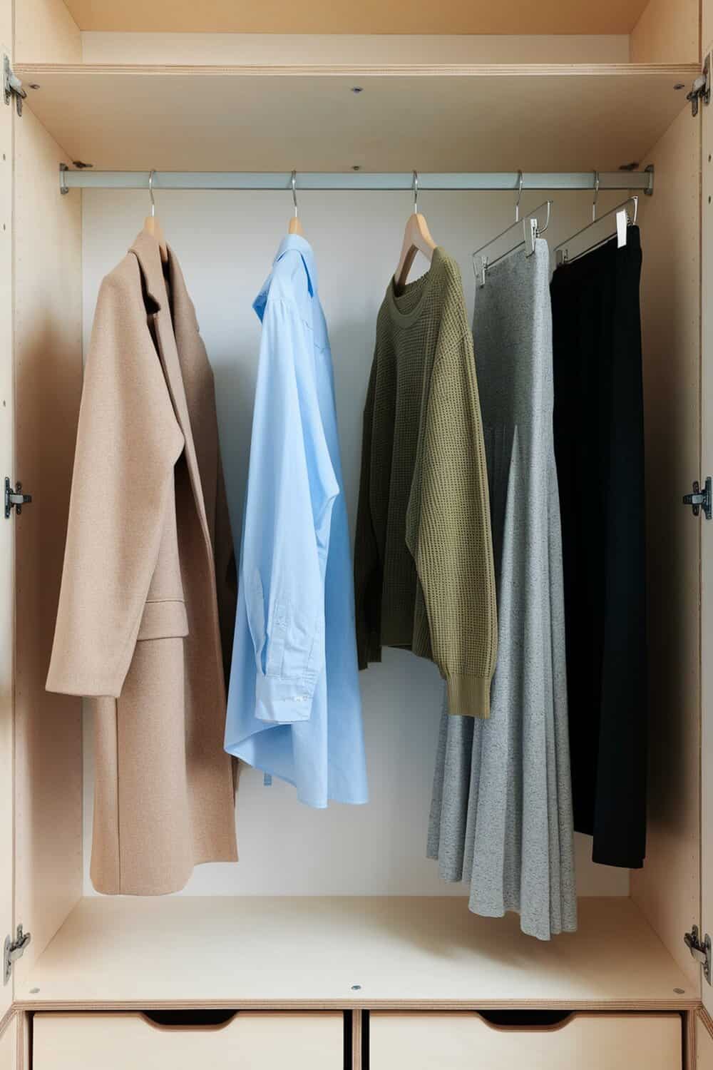 A neatly organized wardrobe with a few clothing items hanging on hangers.