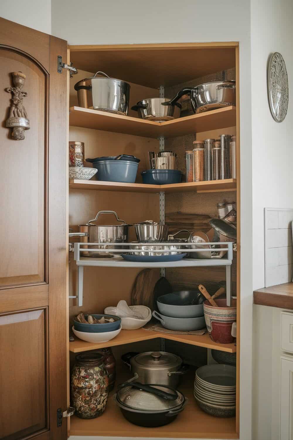 A wooden corner cabinet with a lazy Susan holding various kitchen items.
