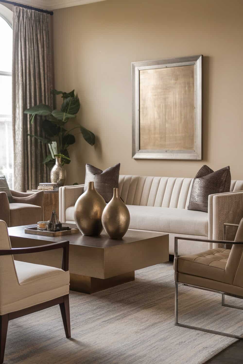 A cozy living room featuring metallic accents with gold vases and a stylish coffee table.