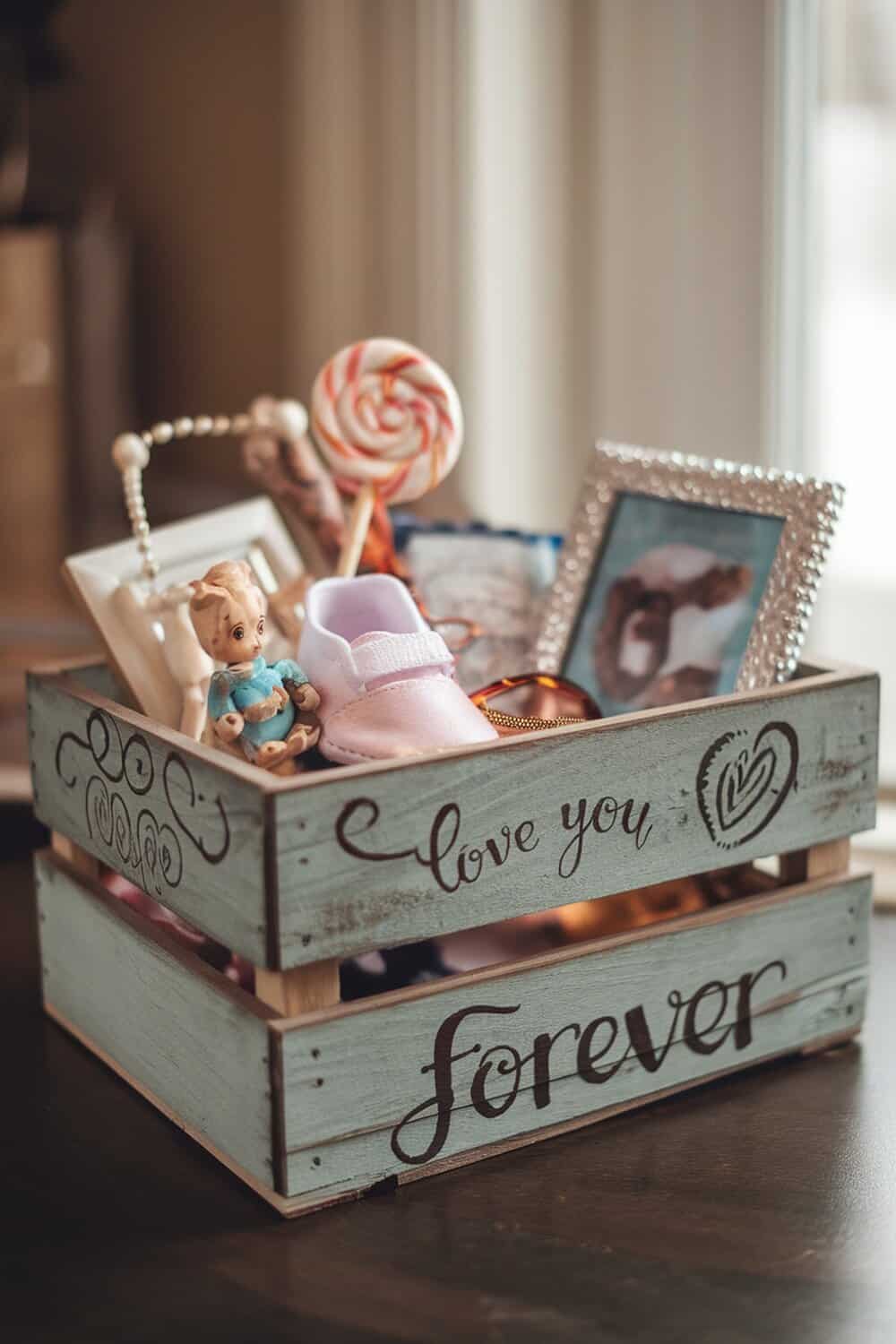A personalized keepsake box filled with small items and a photo, featuring the words 'love you forever'.