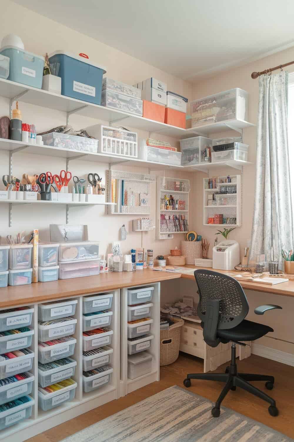 Organized craft supplies in a tidy workspace with labeled bins and boxes.