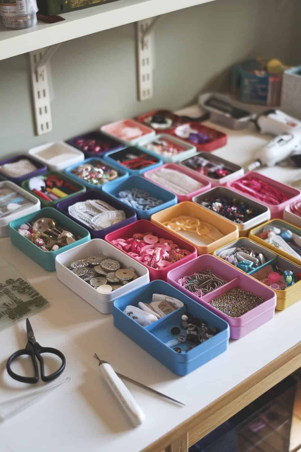 A variety of colorful containers filled with craft supplies on a table.