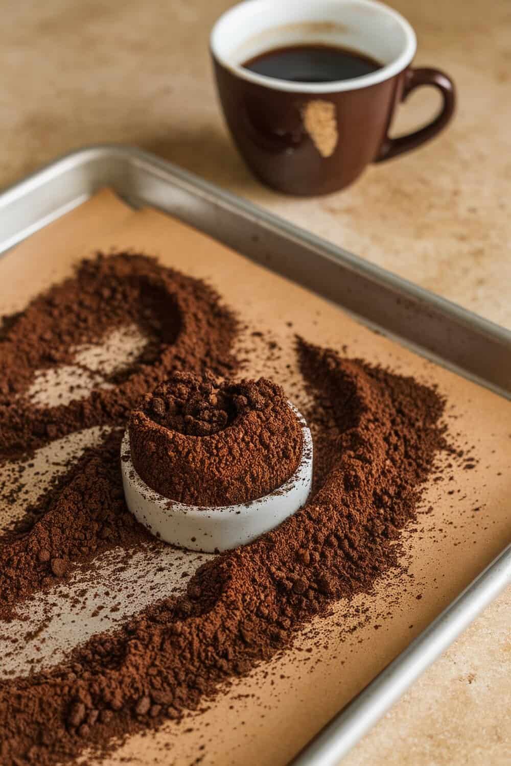 A tray with coffee grounds and a cup of coffee beside it.