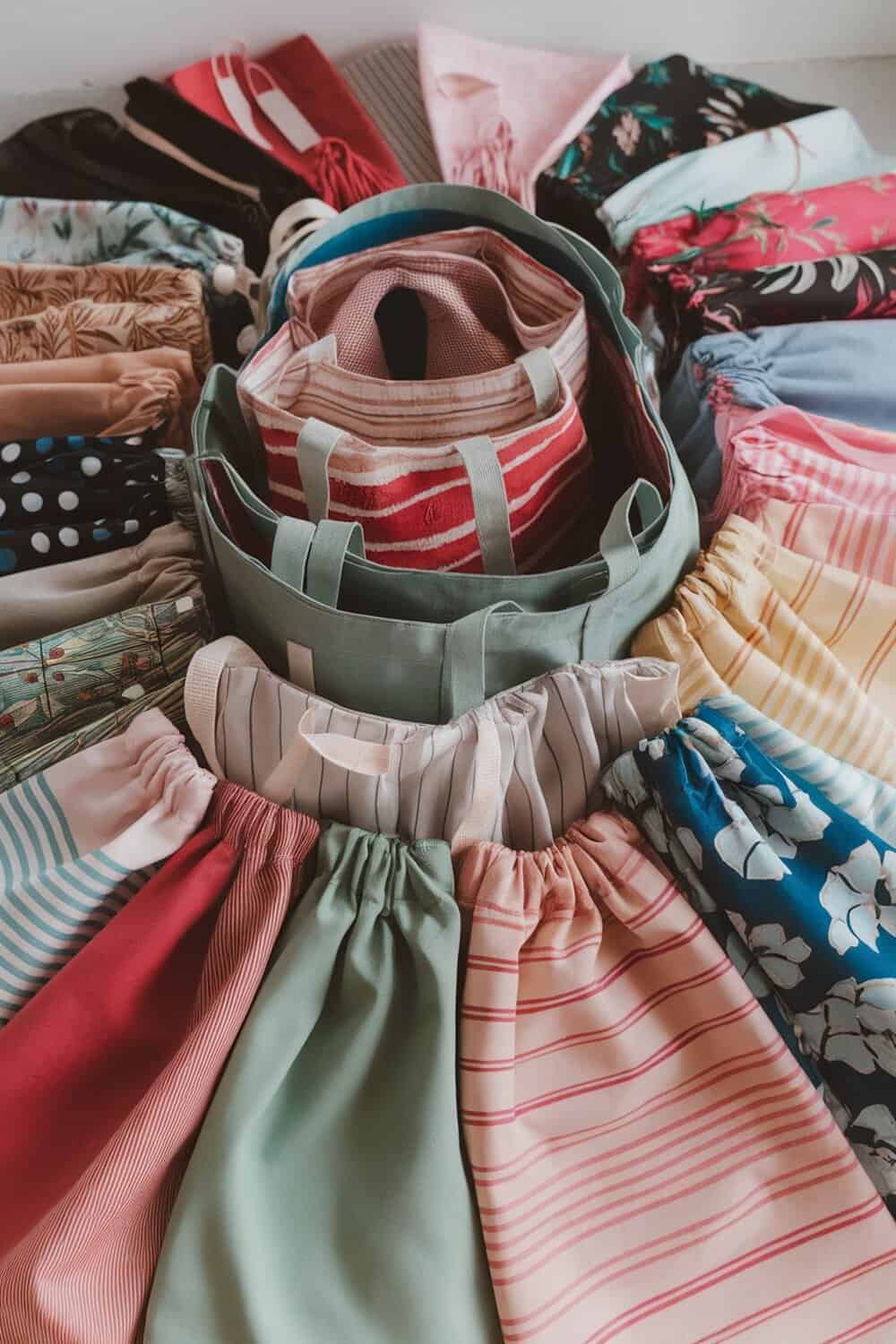 A collection of colorful fabric gift bags arranged in a circular pattern.