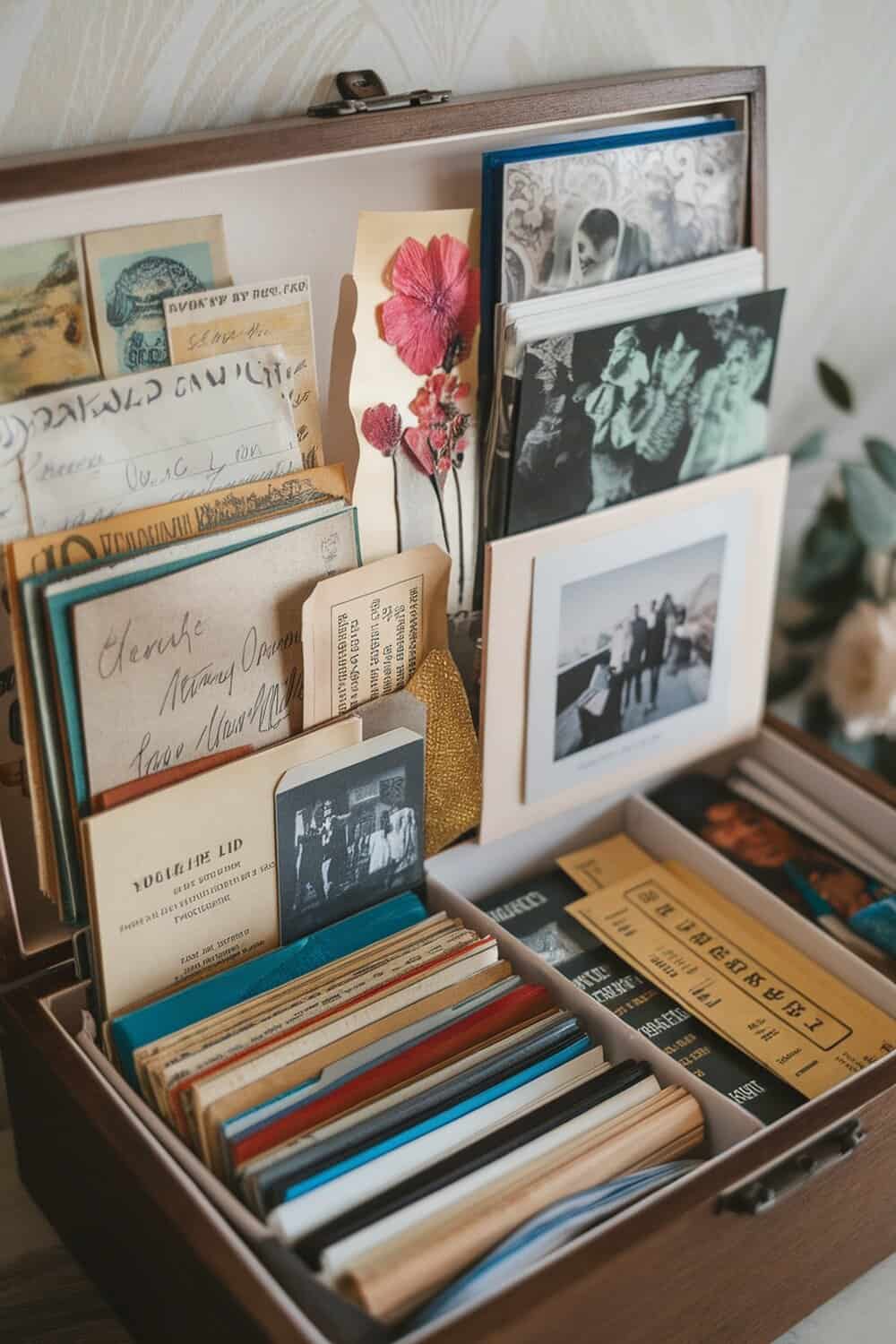 A wooden box filled with old photographs, letters, and mementos.