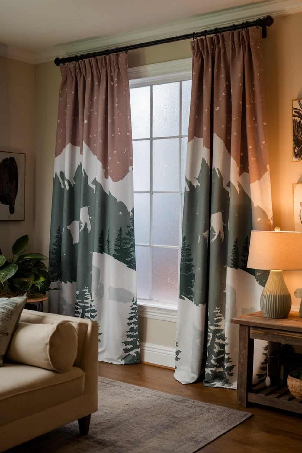 Curtains with a mountain and forest design in a cozy living room setting.