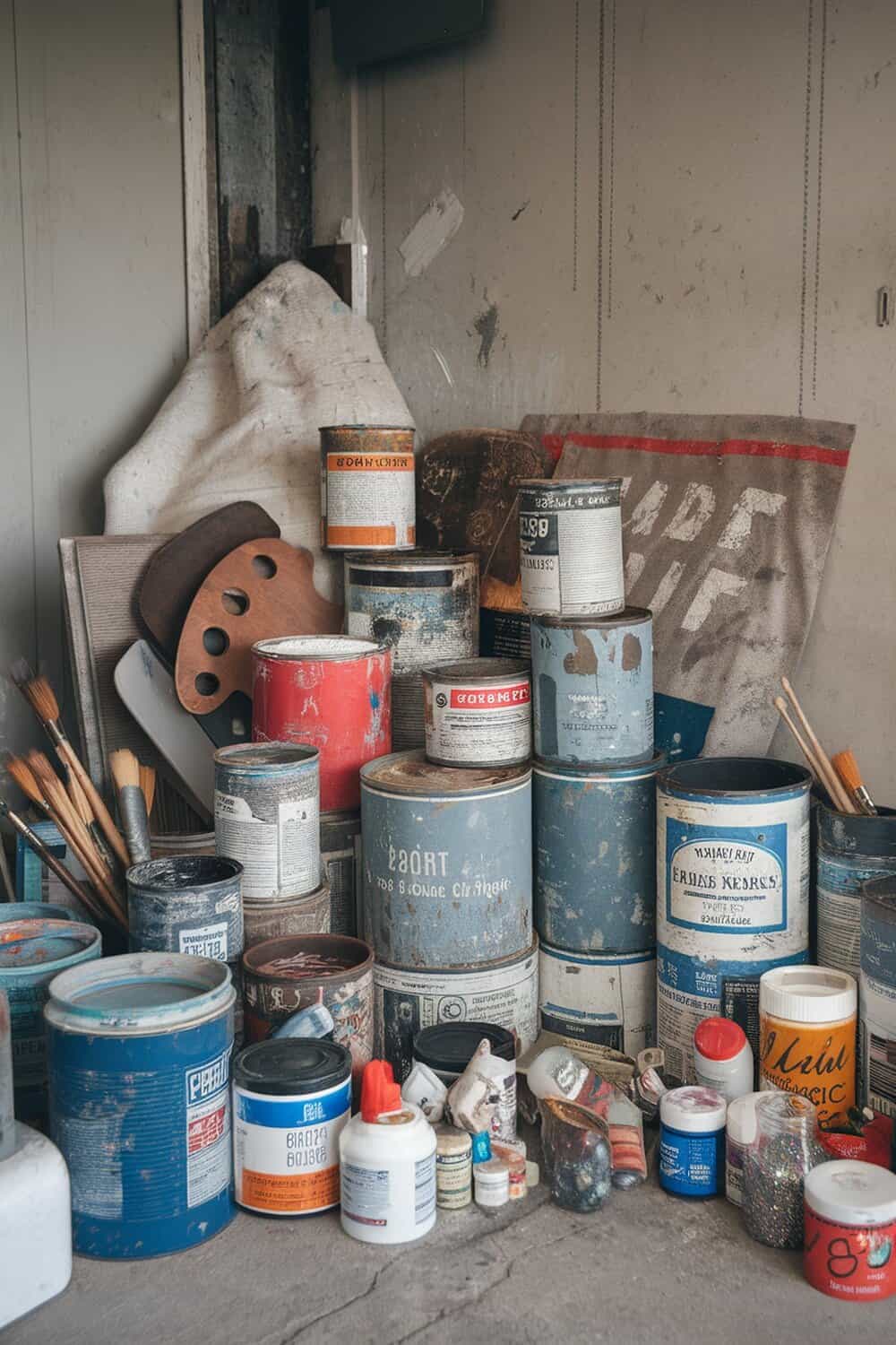 A collection of old paint cans and craft supplies stacked in a corner.