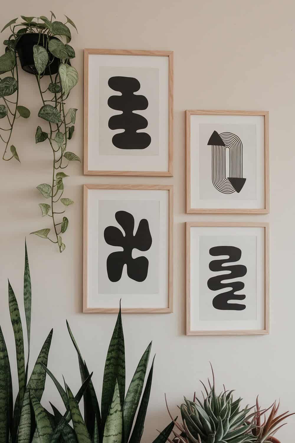 Minimalist wall art featuring black shapes in wooden frames with plants nearby.