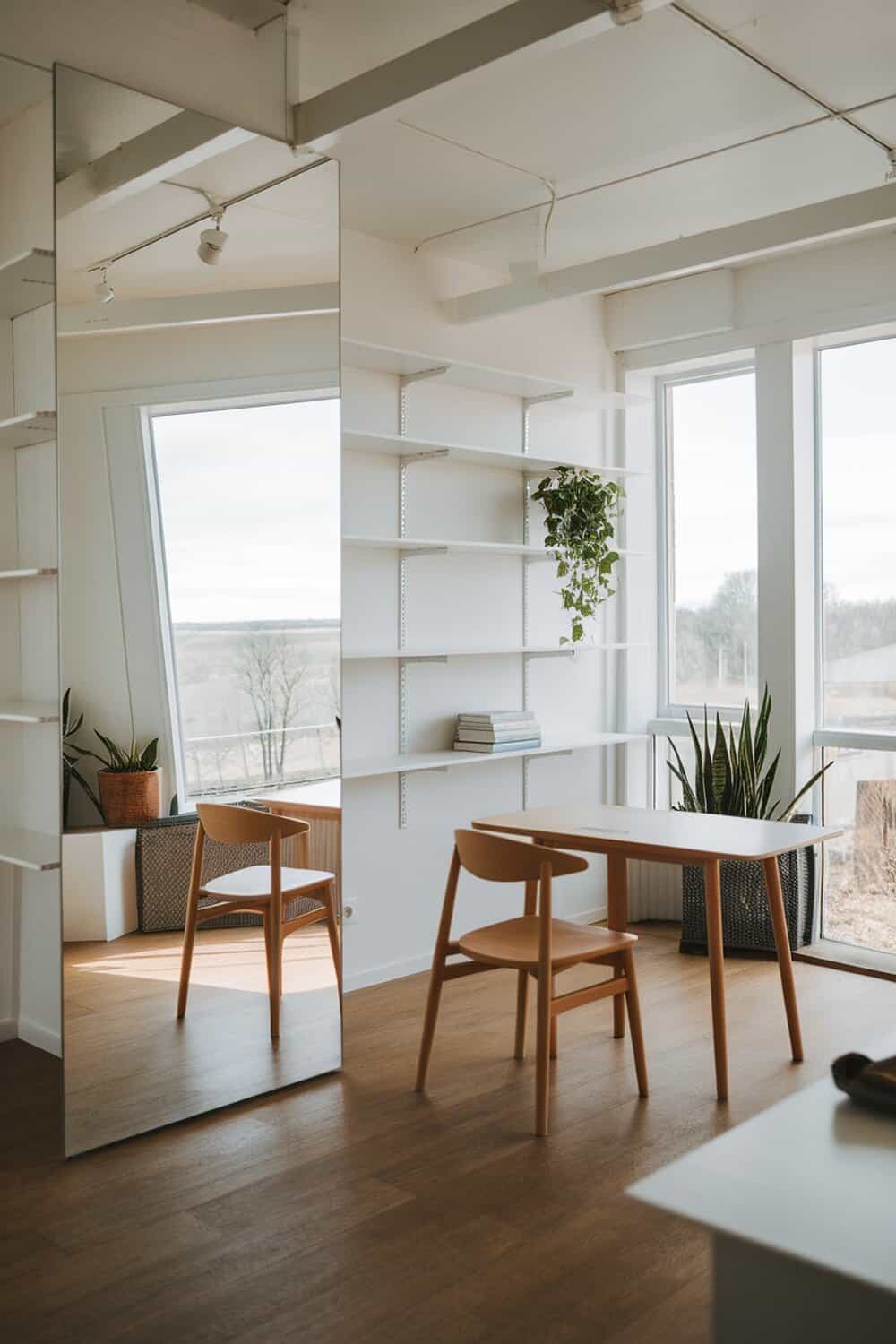 A spacious room featuring a large mirror, a wooden table, and plants.