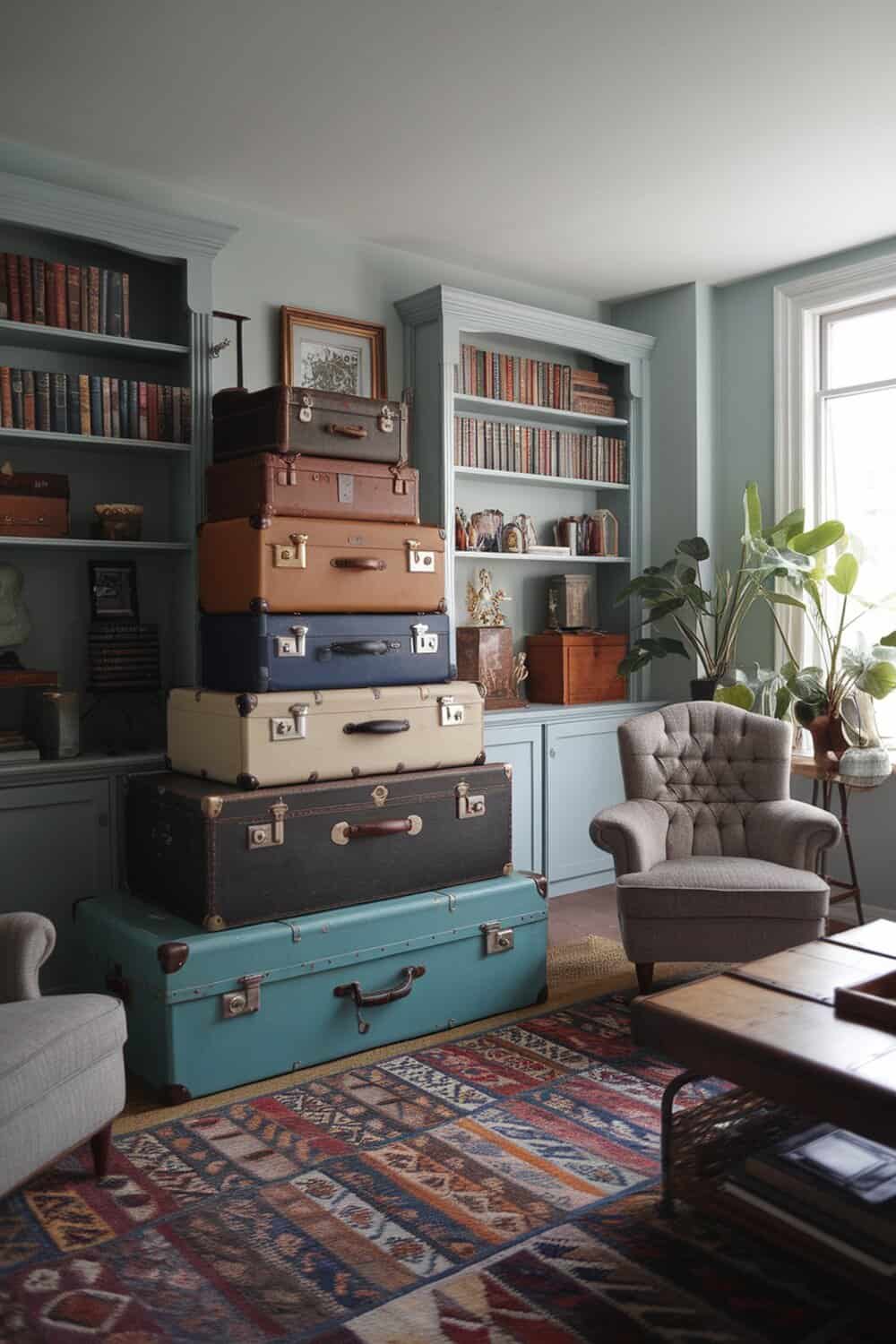 A stack of vintage suitcases in a cozy living room setting.