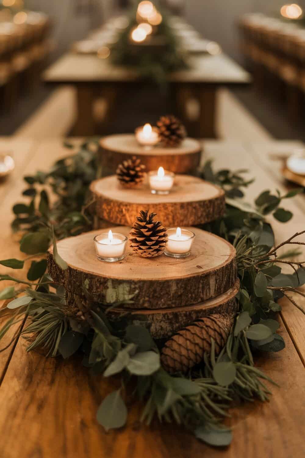 Wood slice table centerpiece with candles and pinecones