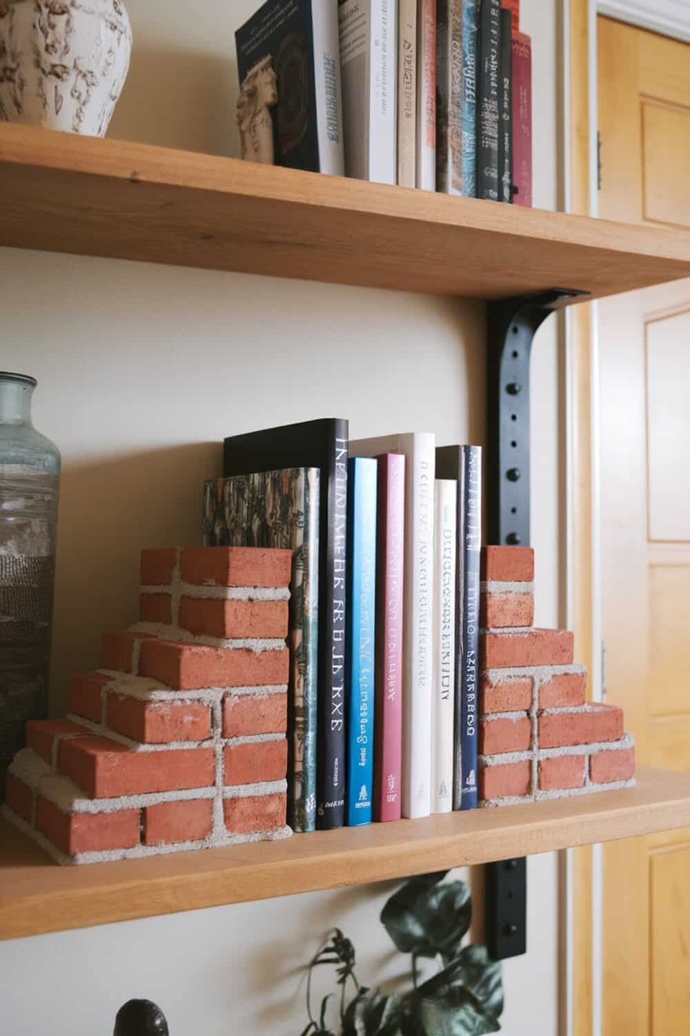 DIY bookends made of bricks supporting a row of books on a wooden shelf.