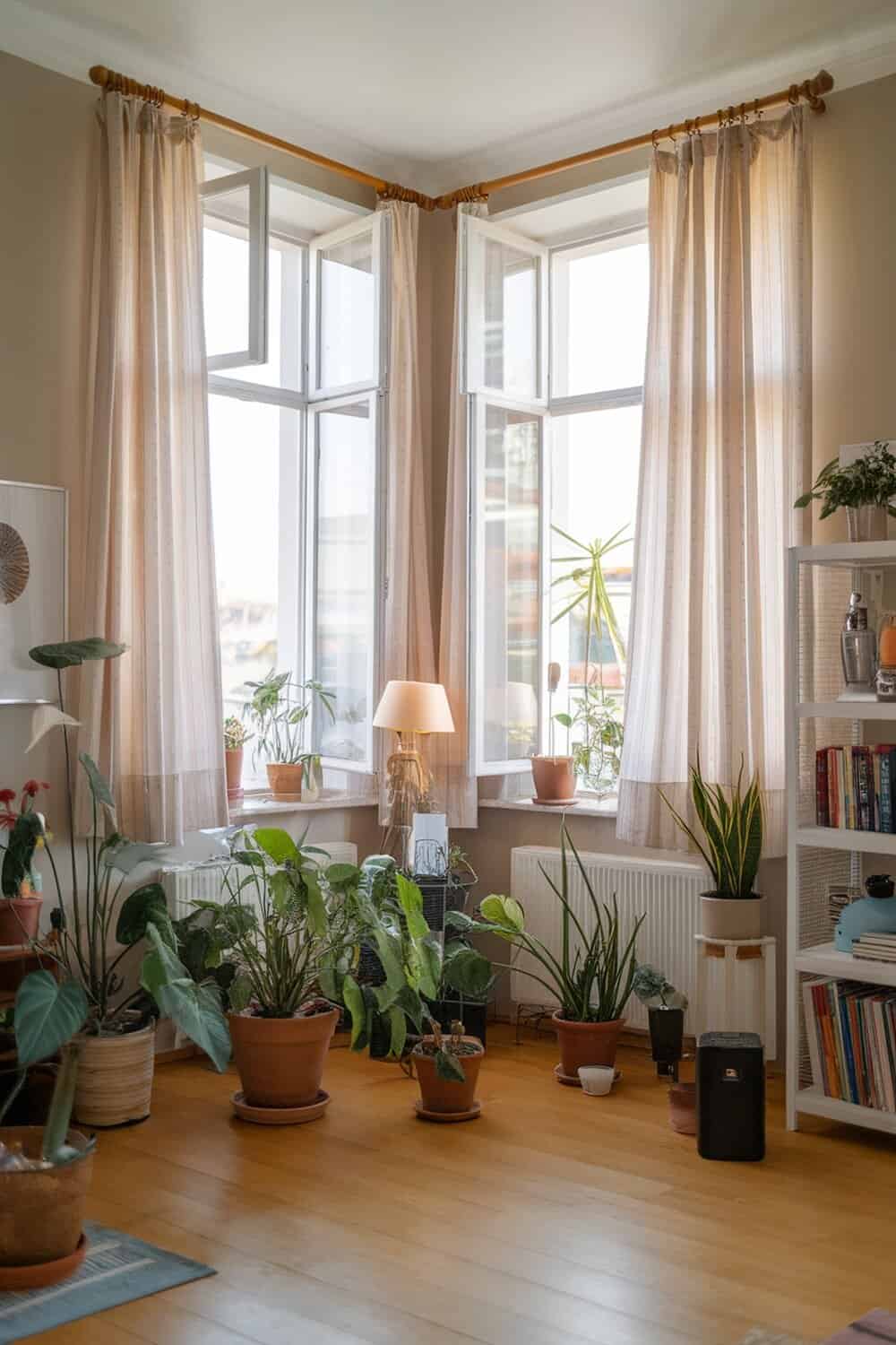 Bright room with open windows and plants.