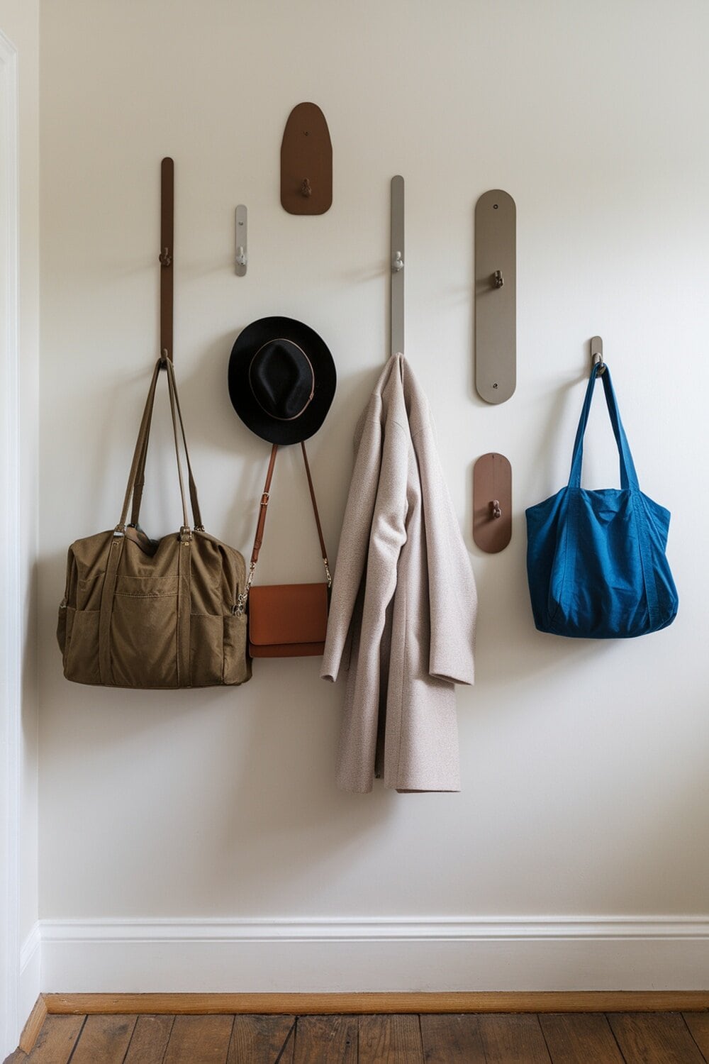 A wall with various hooks displaying bags, a coat, and a hat.