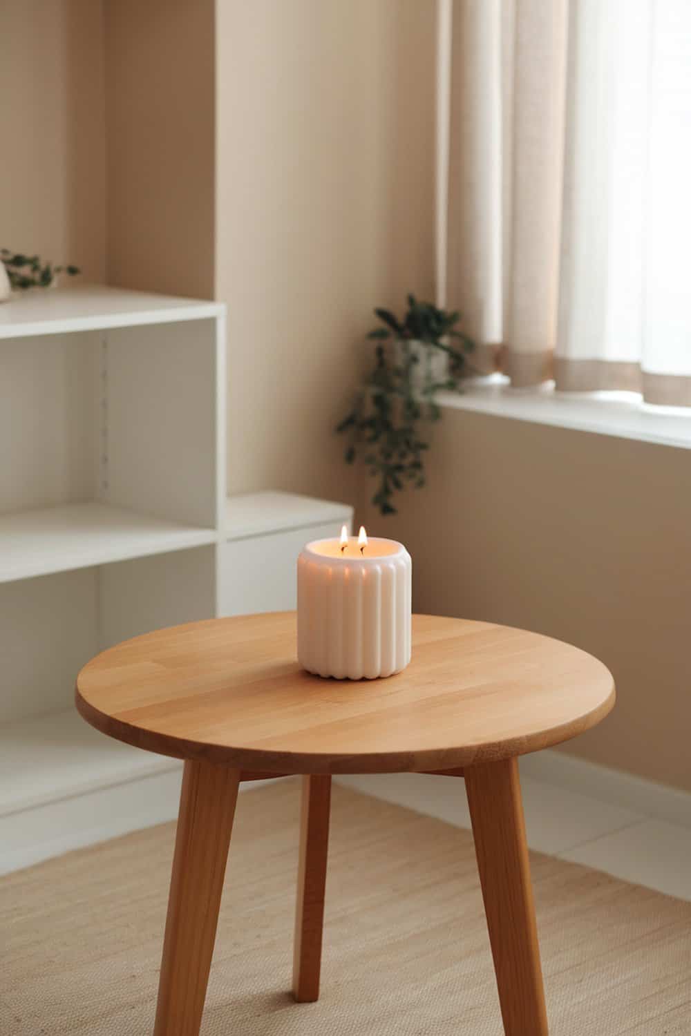 A lit candle on a wooden table in a tidy room.