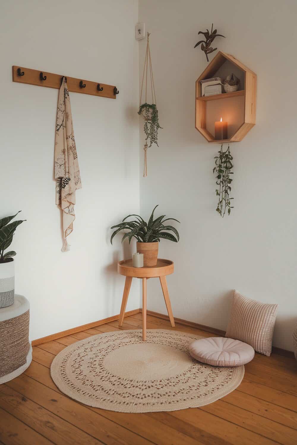 A cozy corner with plants, a wooden table, and soft cushions, creating a serene atmosphere.