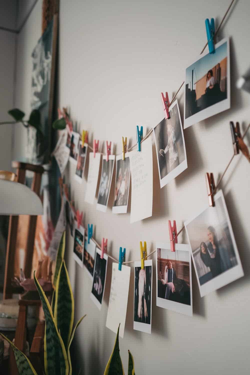 A wall display of photos and notes held by colorful clothespins on a string.