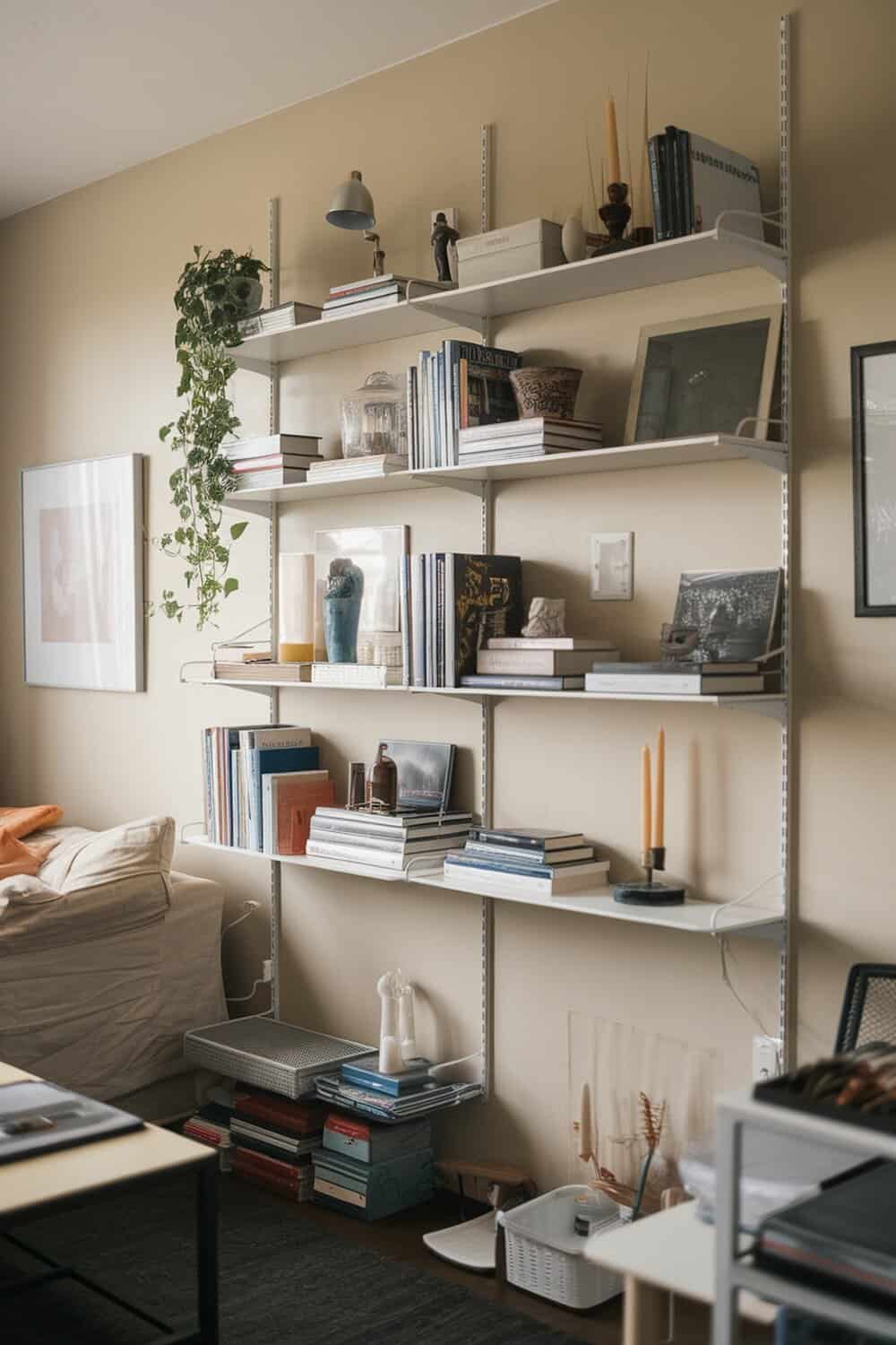 A well-organized shelf displaying books, plants, and decorative items on a wall.