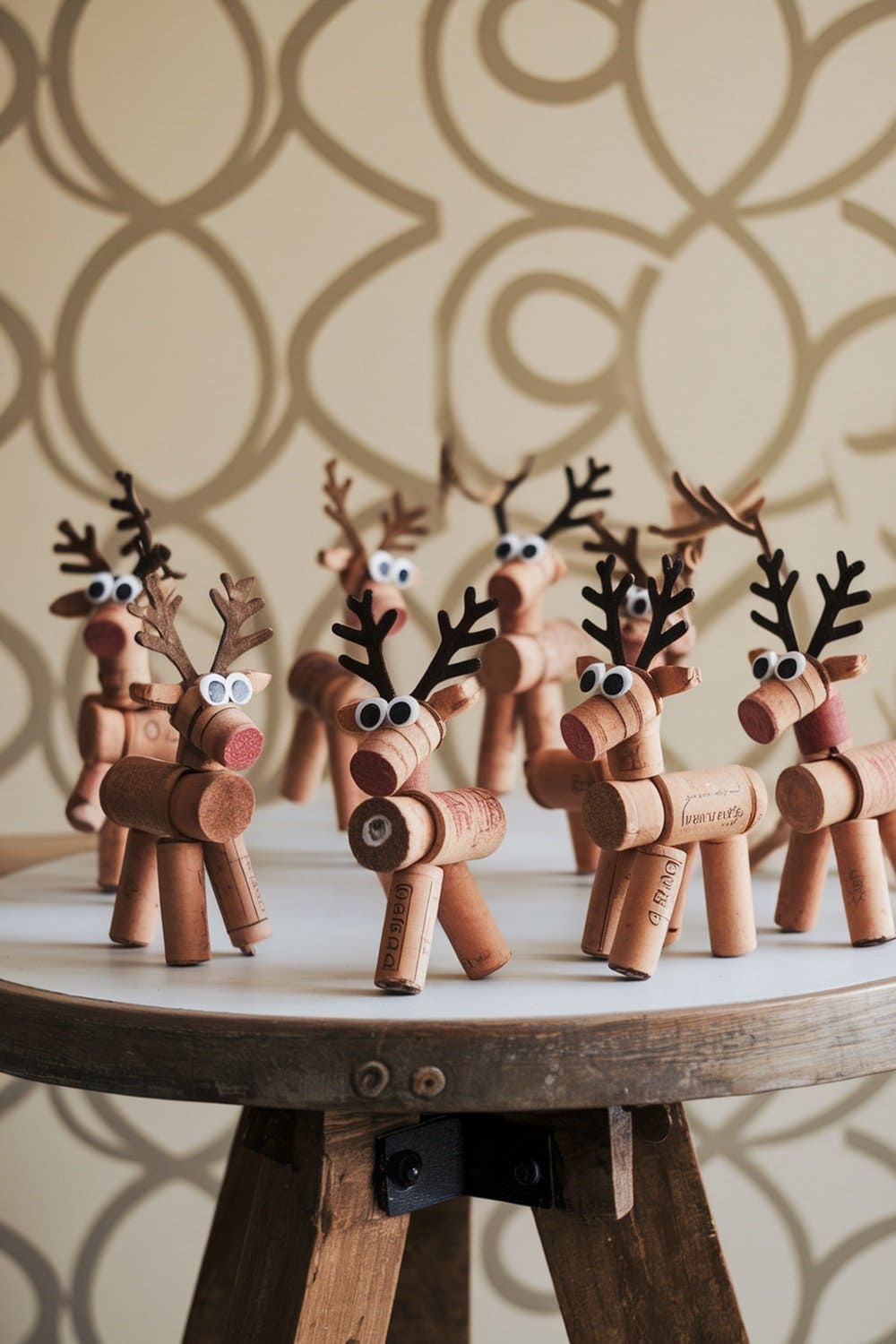 A collection of cute cork reindeer decorations made from wine corks, featuring googly eyes and antlers.