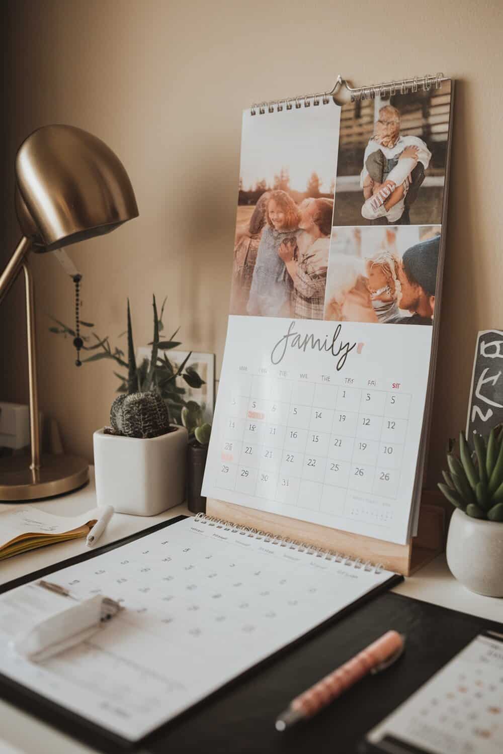 A personalized calendar featuring family photos on a desk with a lamp and plants.