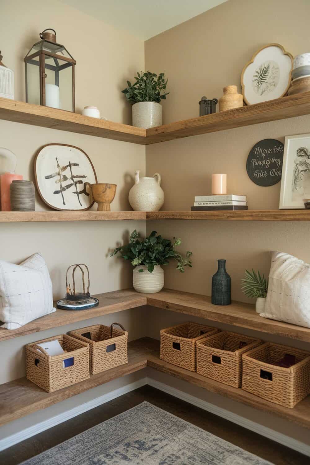 Stylish corner shelves with decorative items and storage baskets.