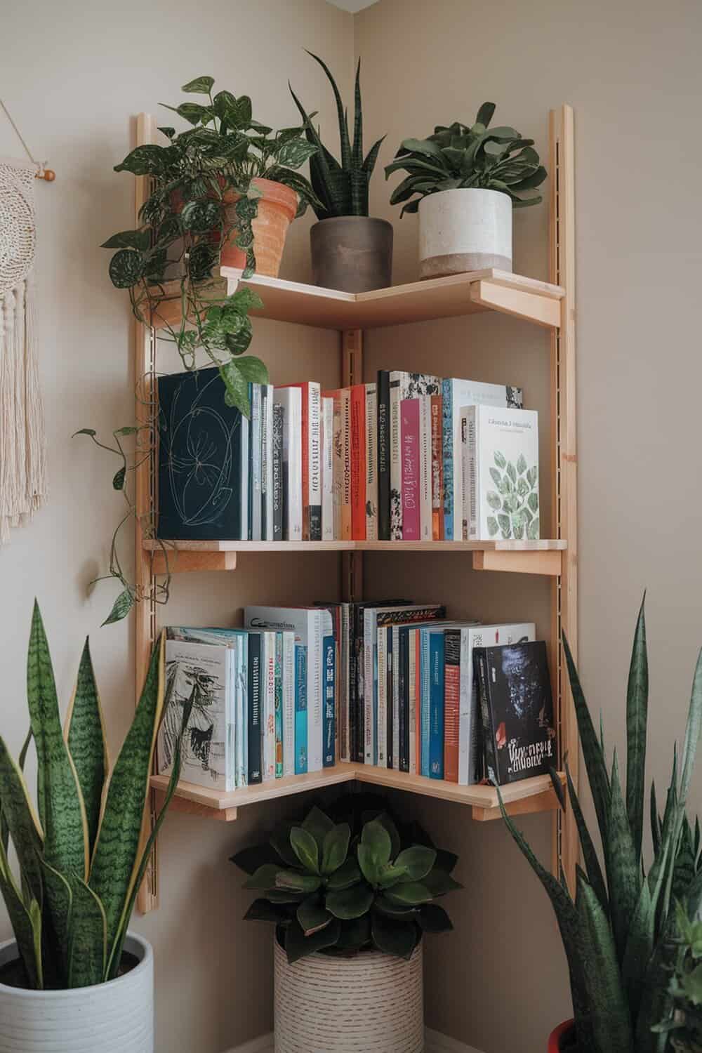 A wooden corner shelf filled with books and plants, showcasing an organized and stylish corner.