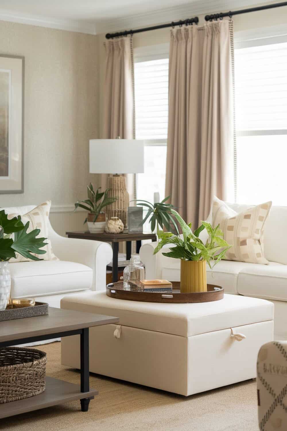 A cozy living room featuring a storage ottoman with a tray on top, surrounded by plants and comfortable seating.