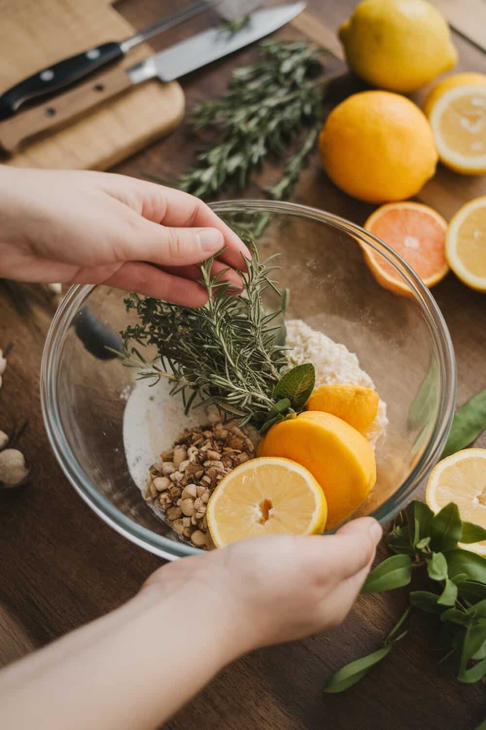 A person adding fresh herbs and lemon to a bowl for homemade cleaning solutions.