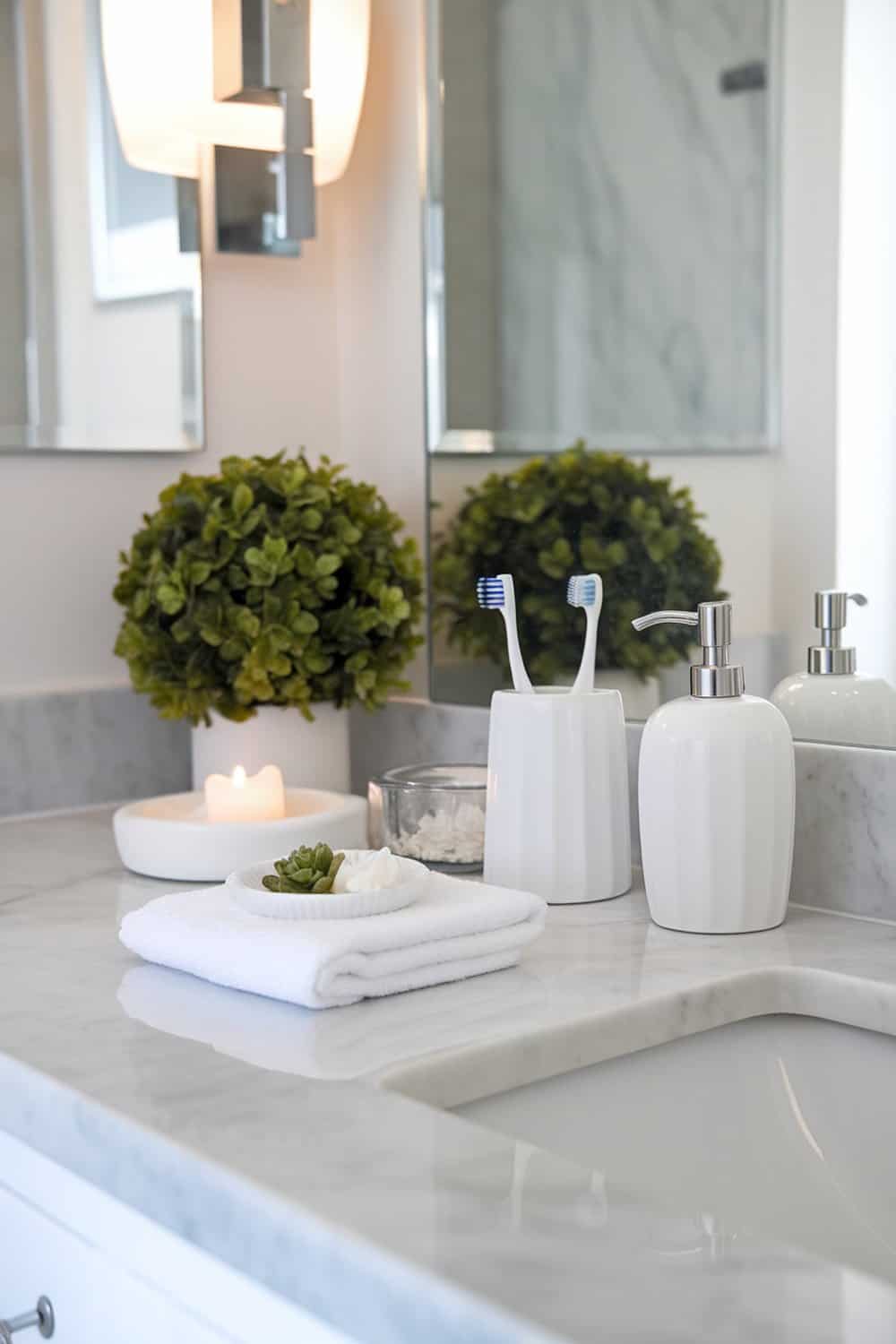 A clean and organized bathroom counter with a plant, toothbrushes, and neatly folded towels.