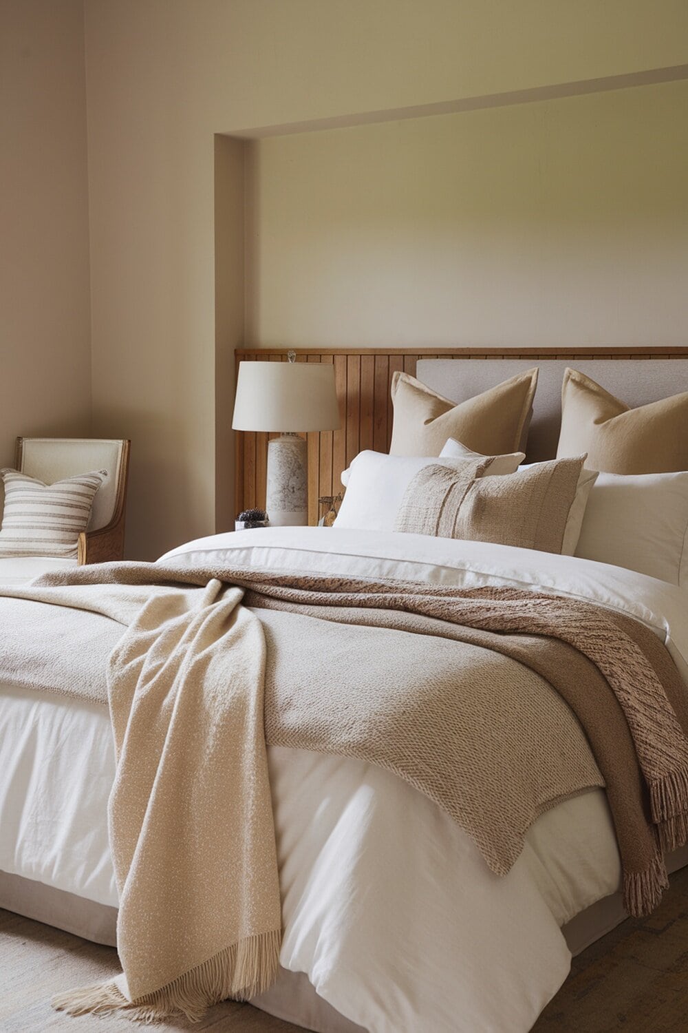 A cozy bedroom with layered throws and blankets on the bed.