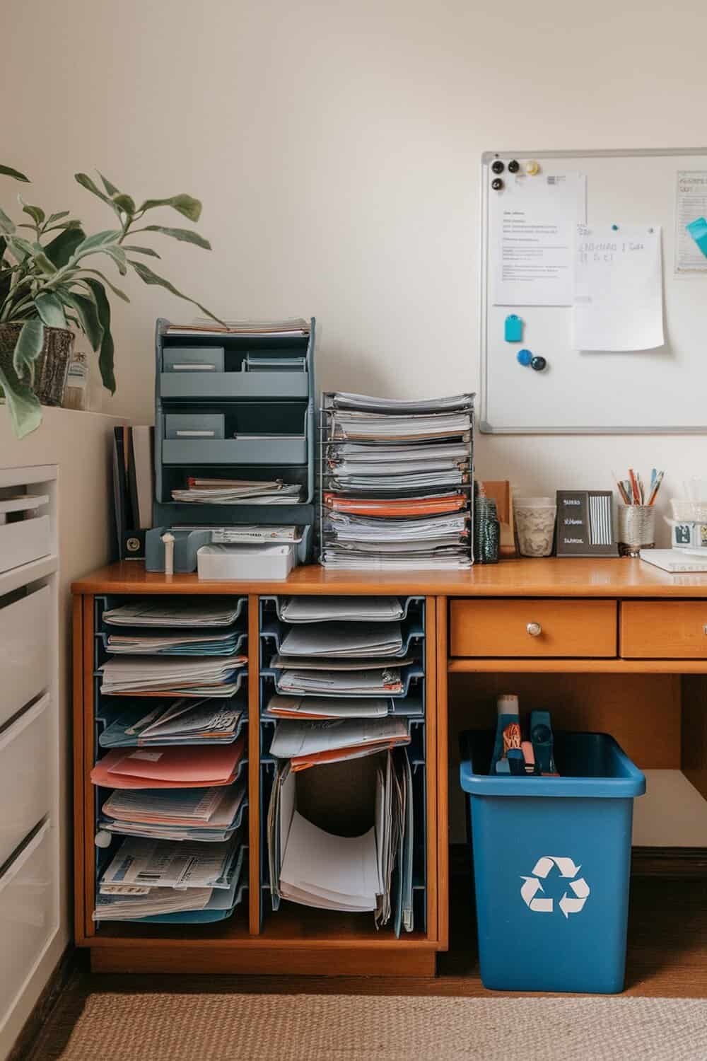 A cluttered desk with stacks of papers and a recycling bin.