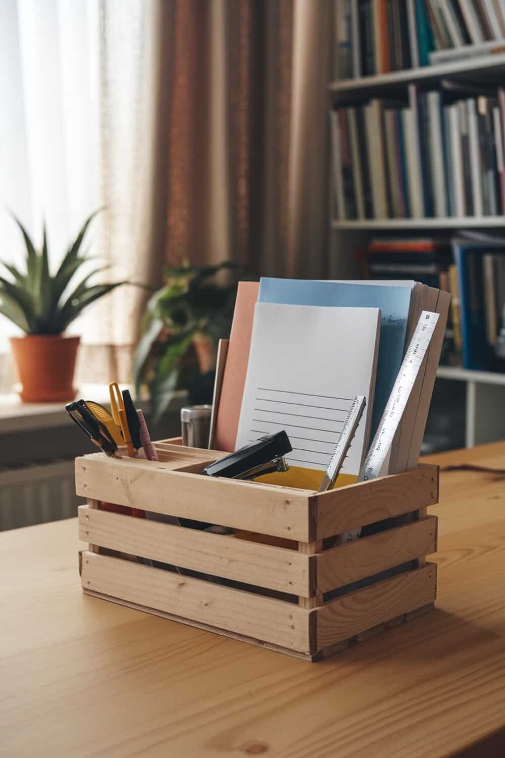 A wooden crate filled with office supplies like pens, papers, and a ruler on a desk.