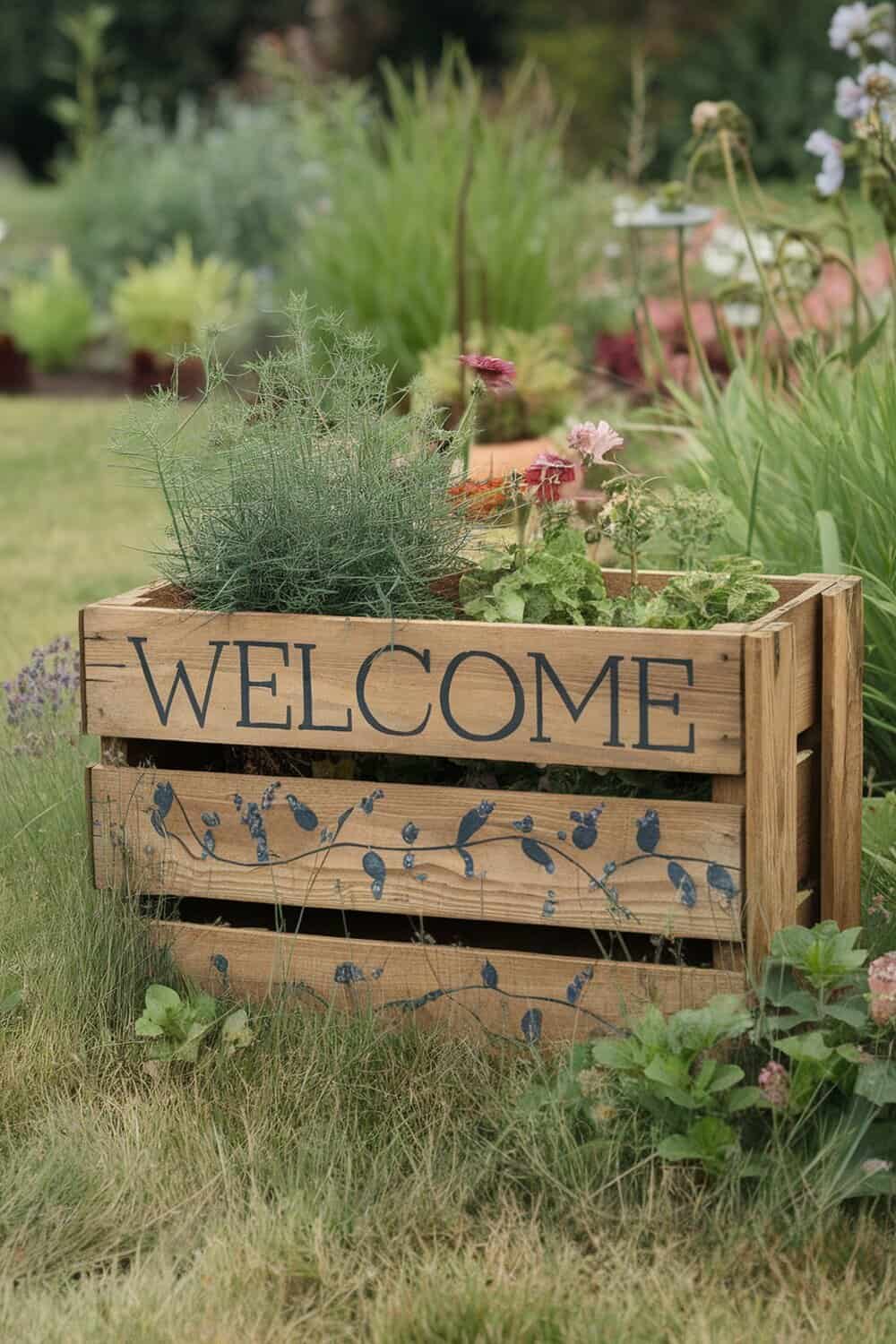 A wooden crate with the word 'WELCOME' painted on it, filled with plants, set in a garden.