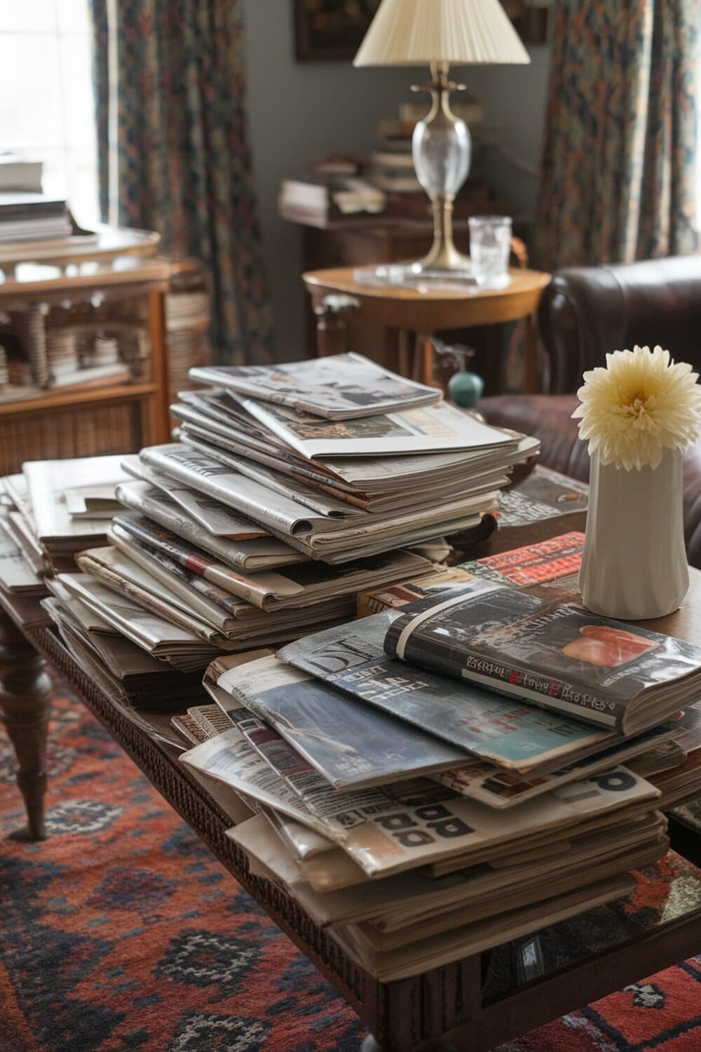 A stack of old magazines and newspapers on a coffee table, with a lamp and a flower vase in the background.