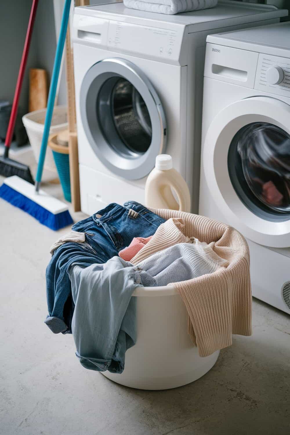 A basket of clothes next to a washing machine and laundry detergent.
