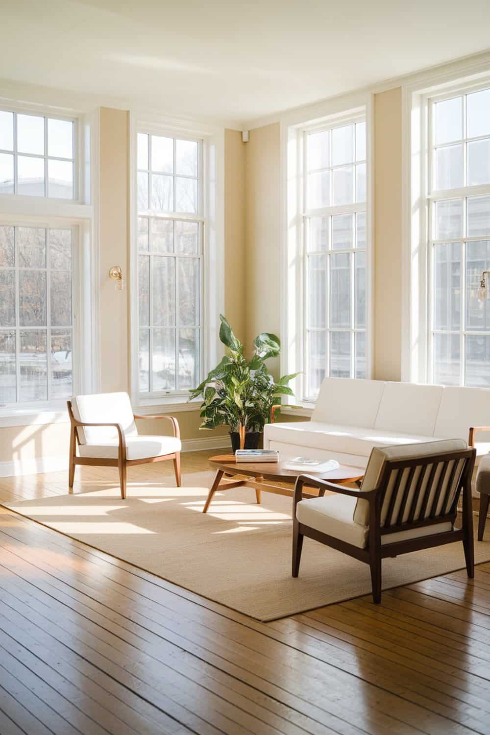 Bright living room with large windows allowing natural light in, featuring a plant and modern furniture.