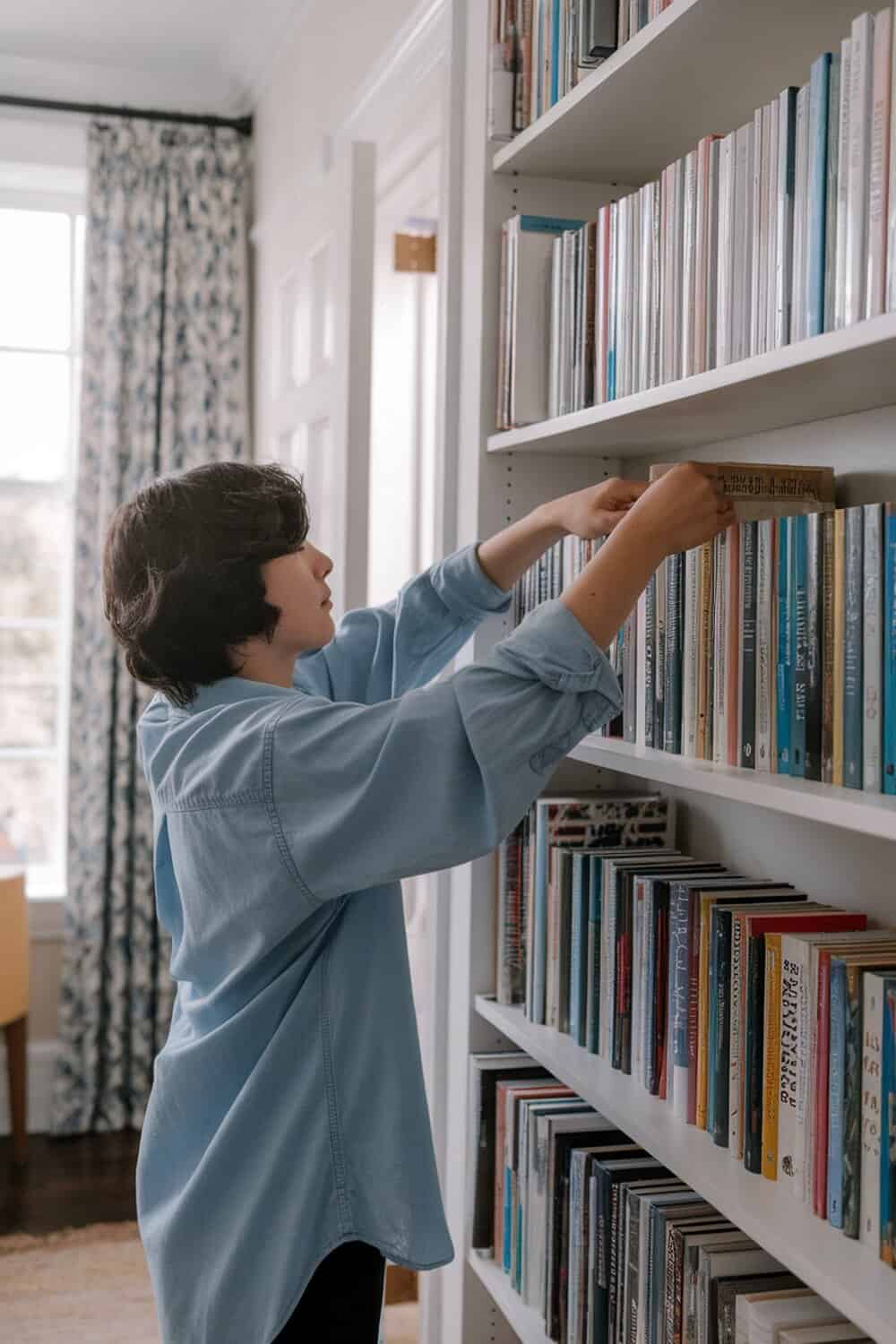 A person organizing books on a bookshelf in a bright room.