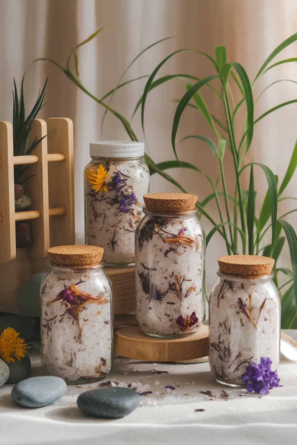 Jars of natural bath salts with dried flowers and cork lids on a table.